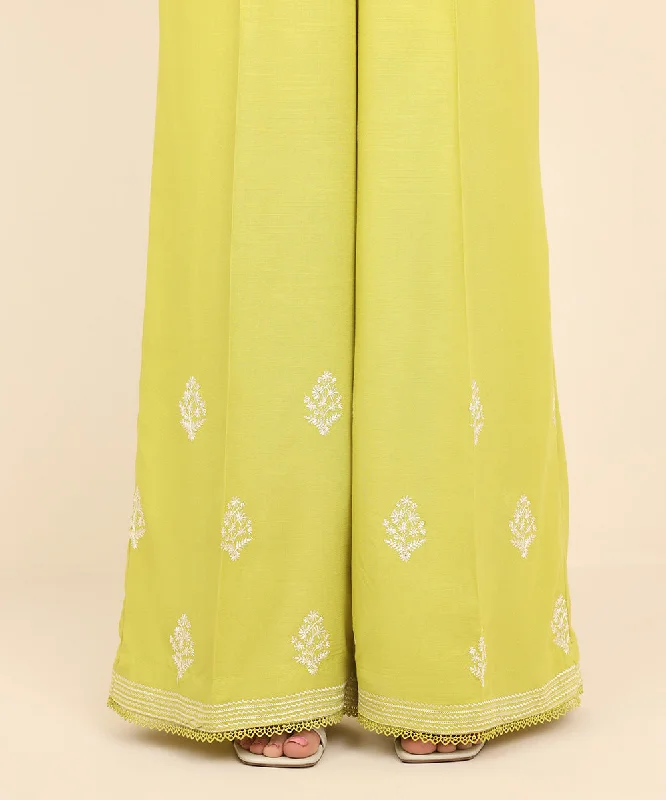 Embroidered Raw Silk Flared Pants