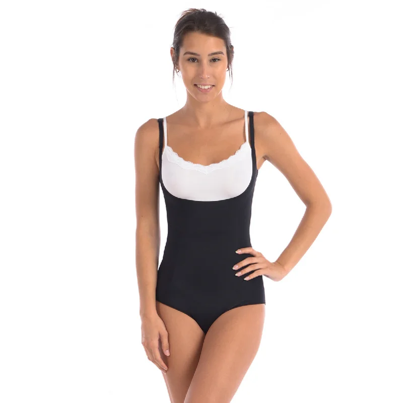 Wear Your Own Bra Bodysuit Shaper With Targeted Double Front Panel Black