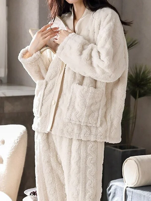 2pc-Set Ivory Soft Fleece Loungewear Long Sleeve Top Bottom Pajama Set / VELOUR