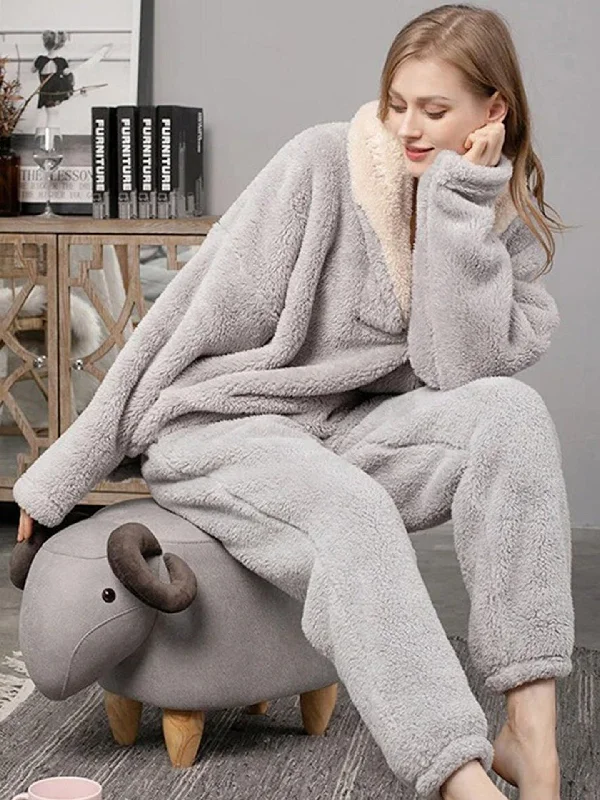 Gray 2pc-Set Soft Fleece Loungewear Long Sleeve Casual Wear Top Bottom Pajama Set / CELESTE