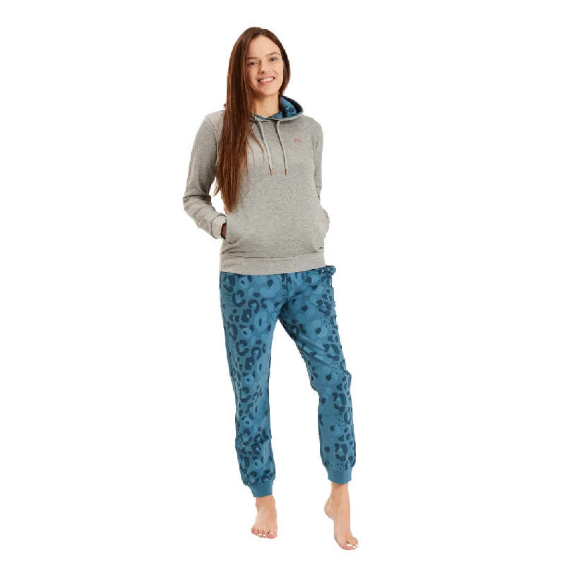 Women's Grey and Blue Leopard Hooded Lounge Set