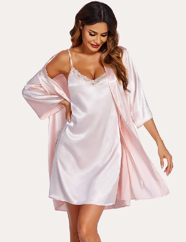 Ekouaer Silk Satin Cami Nightdress with Robe (US Only)