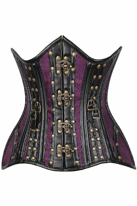 Daisy Faux Leather & Plum Brocade Steel Boned Under Bust Corset TD-1090