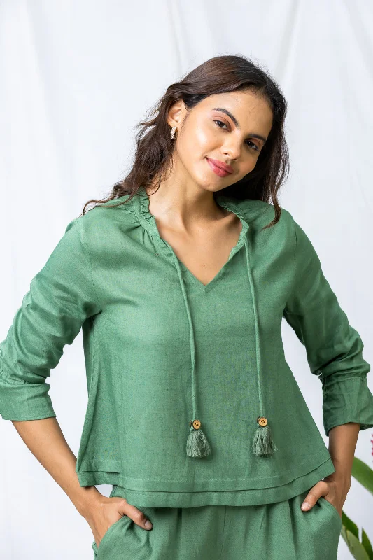 Masai Green Linen Women's Lounge Pleated Top