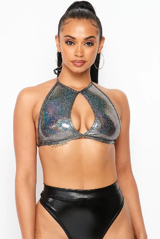 Sparkly Halter Neck Keyhole Crop Top