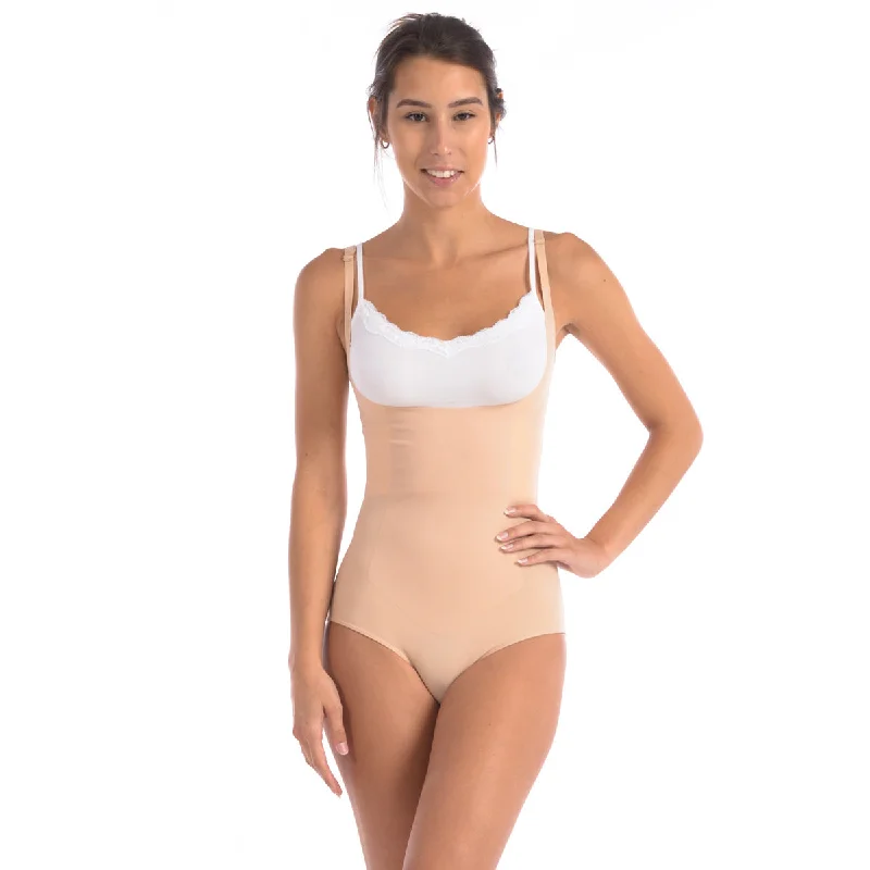 Wear Your Own Bra Bodysuit Shaper With Targeted Double Front Panel Nude