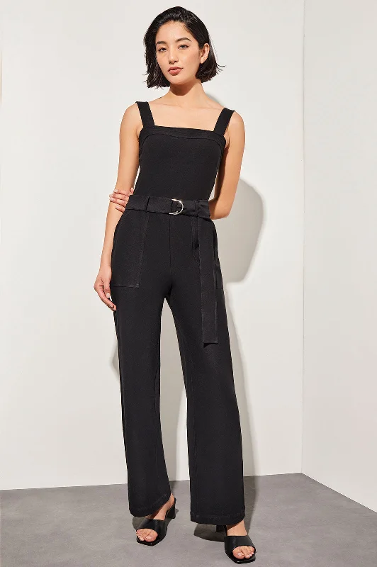 Belted Jumpsuit - Sleeveless Stretch Deco Crepe, Black