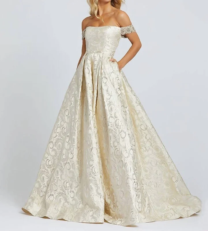 Brocade Off Shoulder Ball Gown In Gold