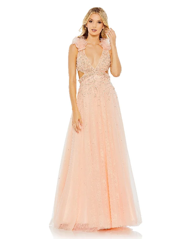 Embellished Ruffle Shoulder Cut Out A Line Gown