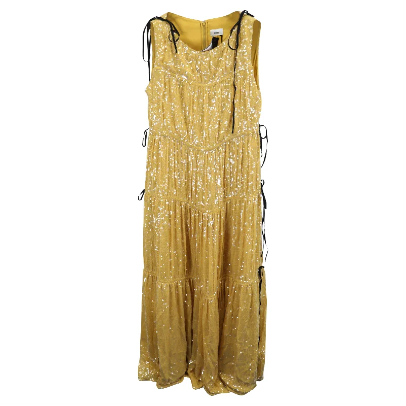 Erdem Tie-Detailed Tiered Sequined Crepe de Chine Gown in Yellow Viscose