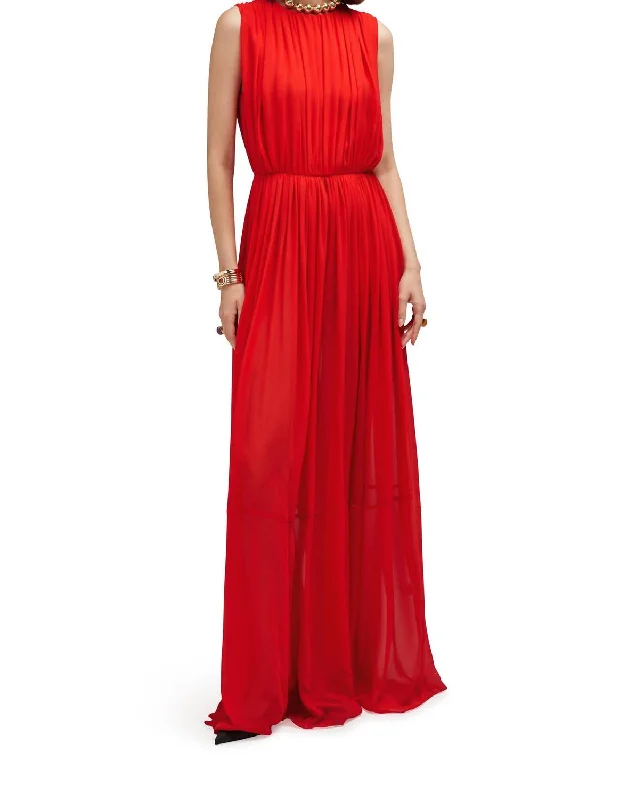 Myra Pleated Silk Gown In Goji Berry