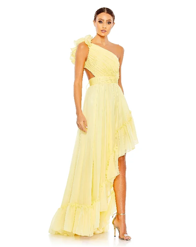 Ruffled One Shoulder Asymmetrical Gown