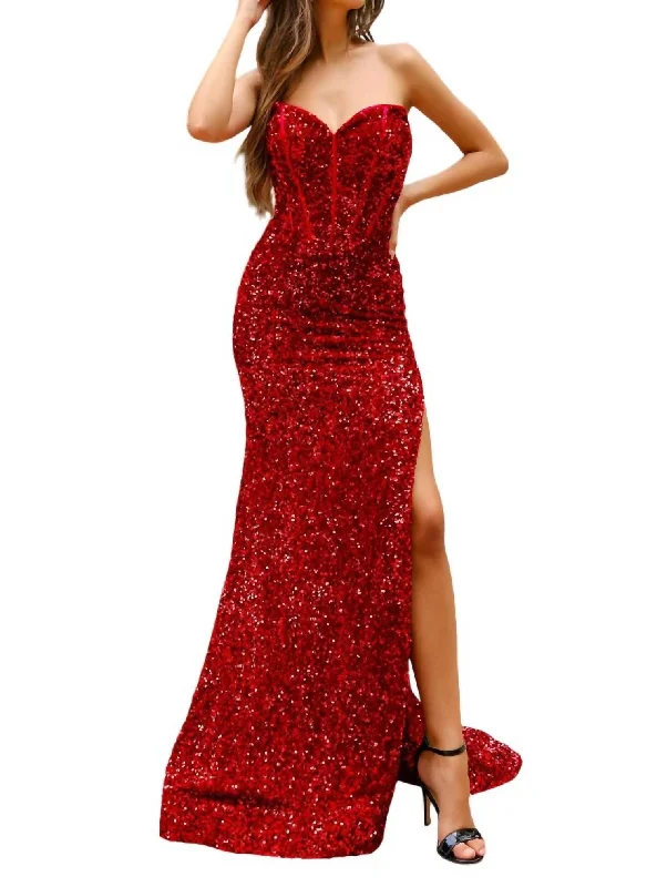 Sequin Fitted Strapless Slit Gown In Red