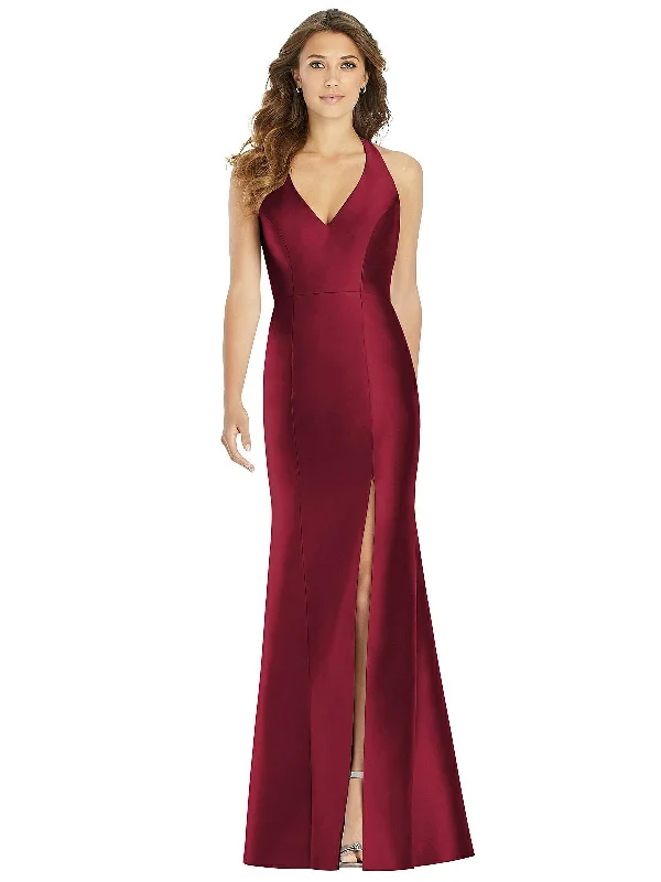 V-Neck Halter Satin Trumpet Gown