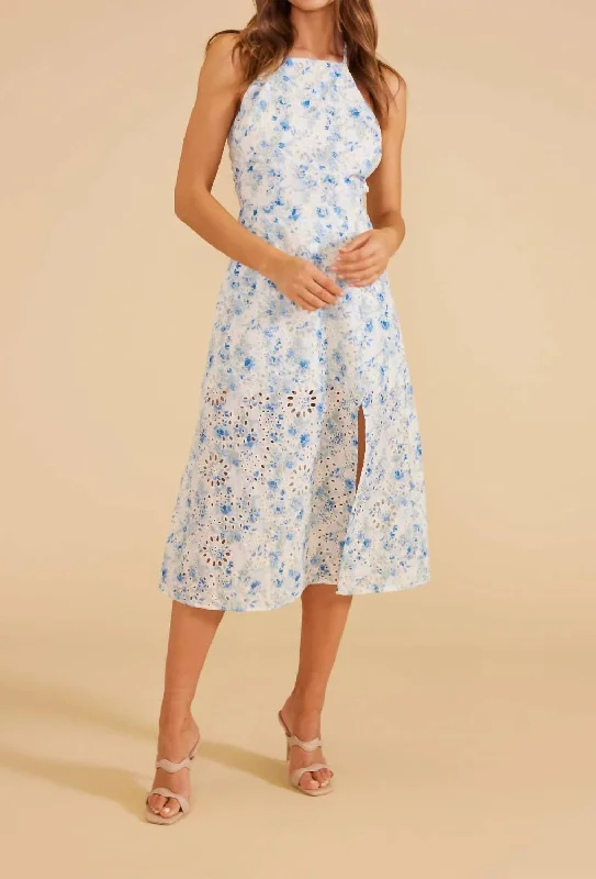 Alba Broidery Midi Dress In Blue/white