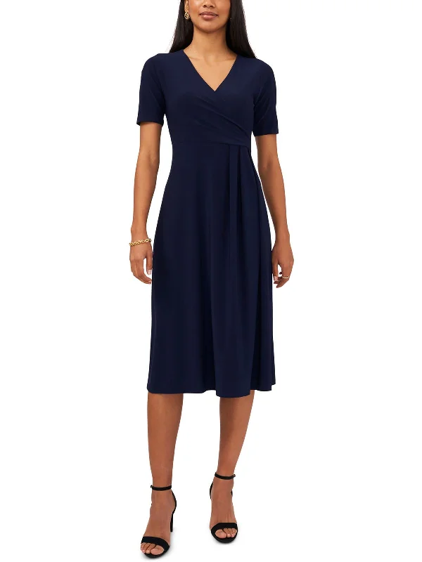 Petites Womens Surplice Midi Wrap Dress