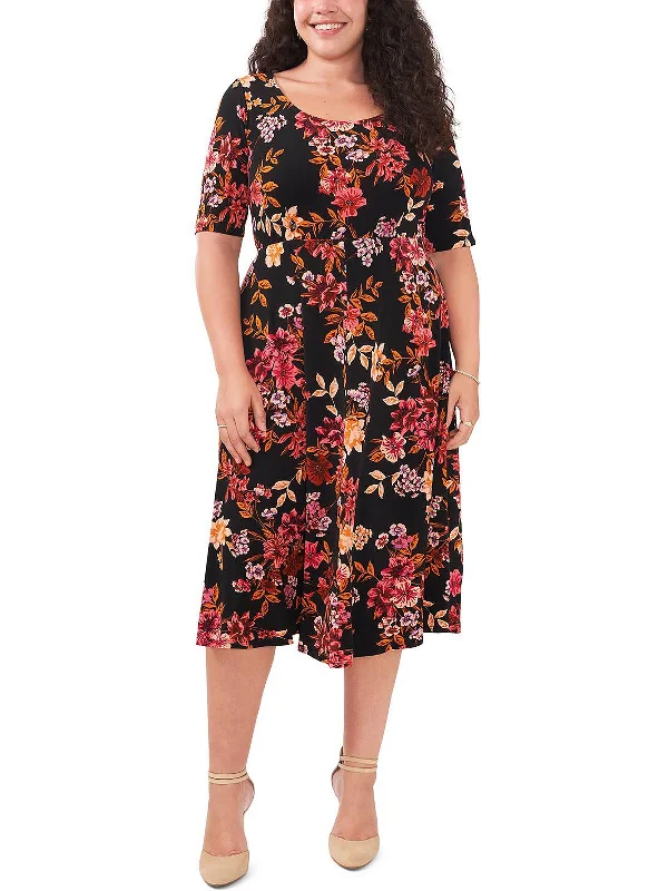 Plus Womens Floral Print Tea Midi Dress