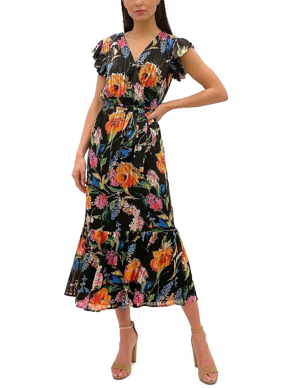 Womens Floral Chiffon Midi Fit & Flare Dress