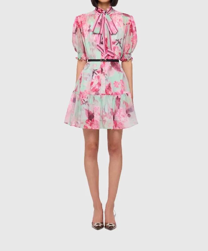 Agnes Camellia Print Tie Neck Mini Dress In Fuschia