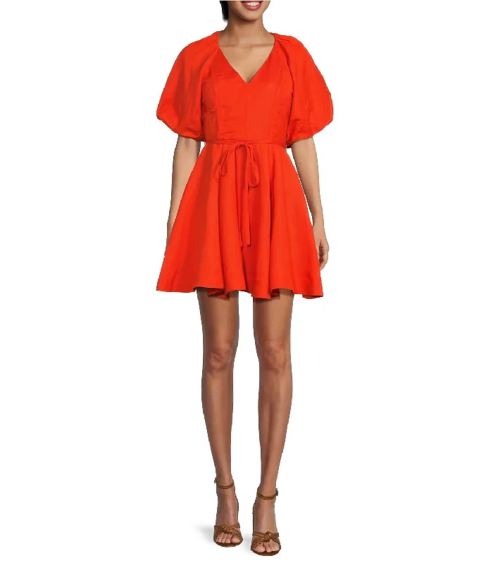 Bubble Sleeve Mini Dress In Tomato Red