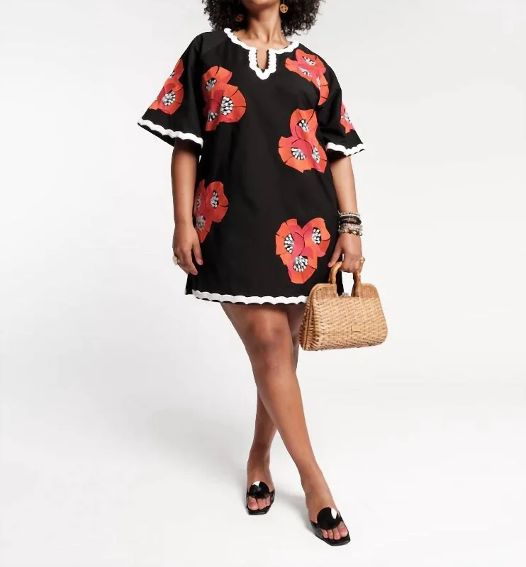 Charming Mini Japanese Poppy Caftan Dress In Black Poppy