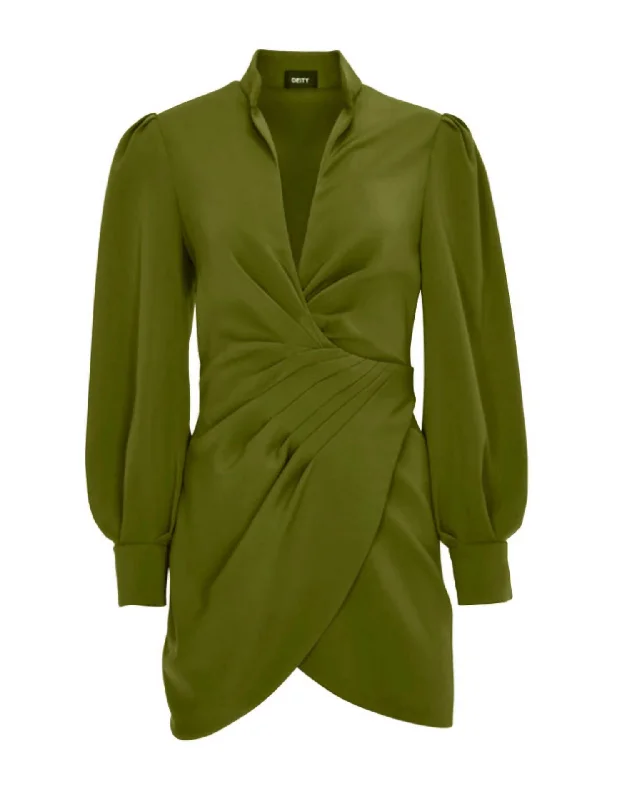 Deep V Draped Mini Dress In Olive