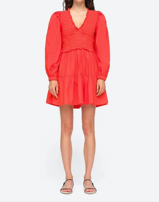 Gaia Solid Cotton Long Sleeve Mini Dress In Scarlet