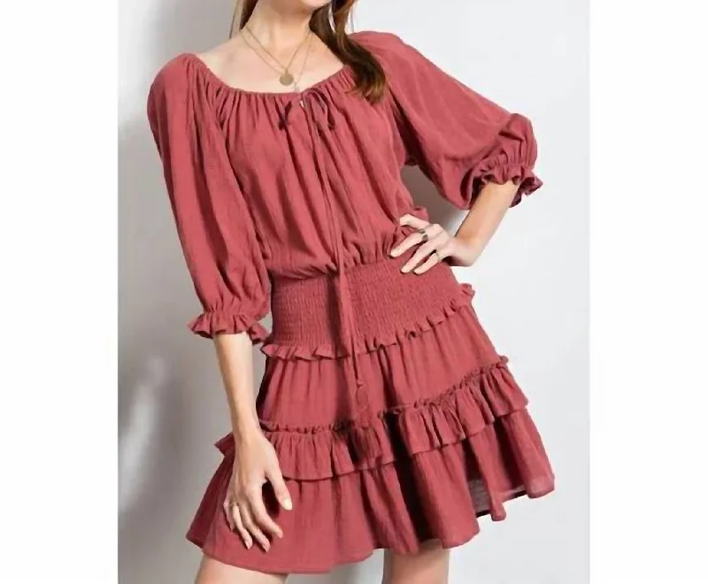 Mini Dress With Smocked Waist In Red Bean