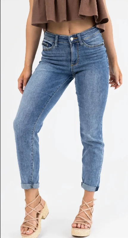 Mid Rise Cuffed Skinny Capri In Denim