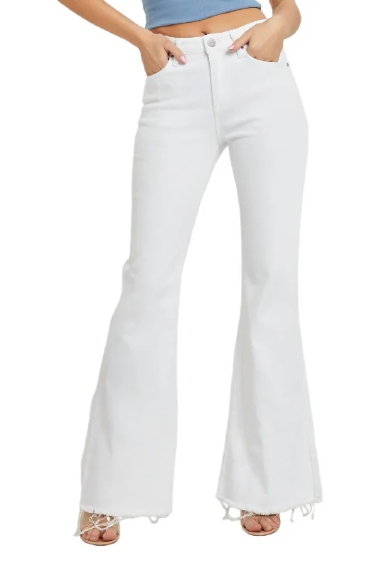 Mid Rise Raw Hem Flare Jeans In White