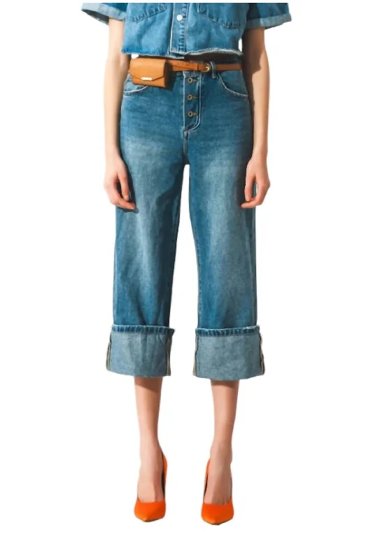 Relaxed Jeans With Rolled Hem And Exposed Buttons In Denim Blue