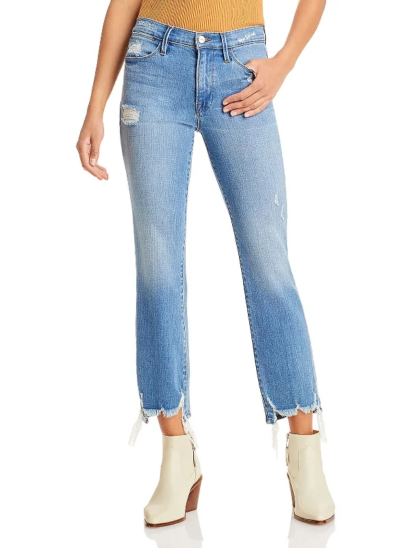 Womens High Rise Distressed Straight Leg Jeans