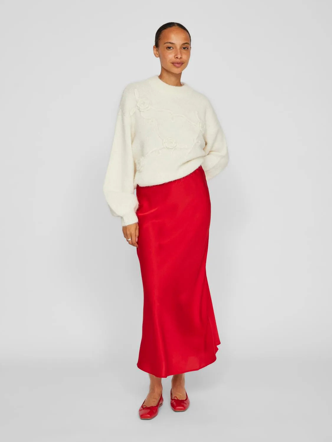 SATIN MIDI SKIRT RED