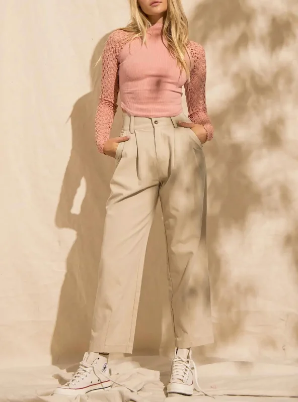 Kate Straight-Leg Pleated Pants In Beige