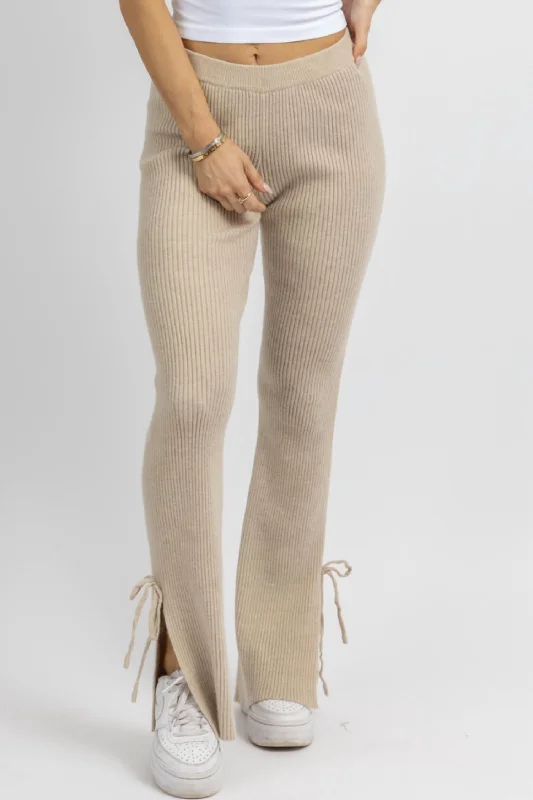 Knit Side Slit Tie Pant In Tan