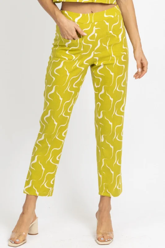 Linen Abstract Culotte Pant In Lime