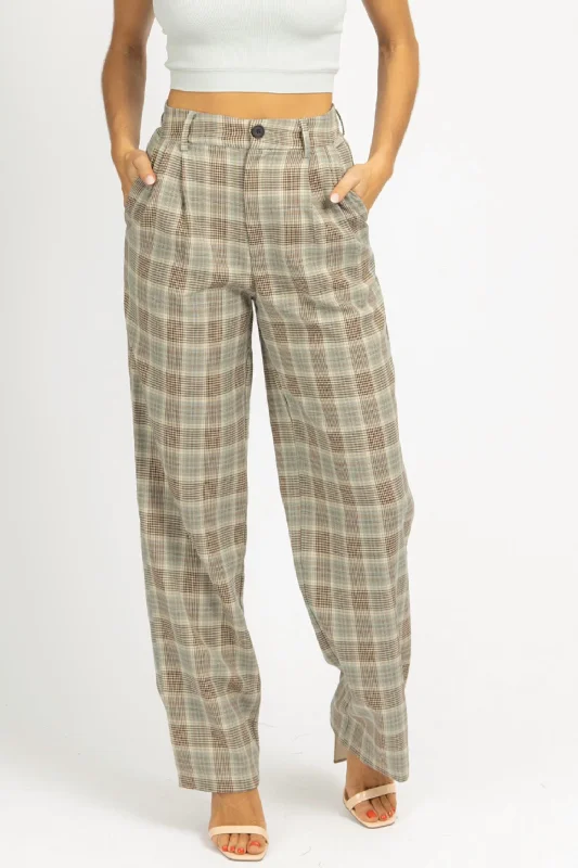 Plaid Pleated Pants In Sage