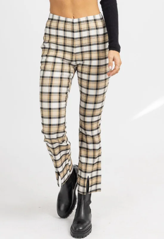 Plaid Wide Leg Slit Hem Pants In Tan