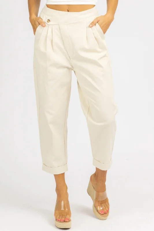 Woven Asymmetrical Button Pants In Cream