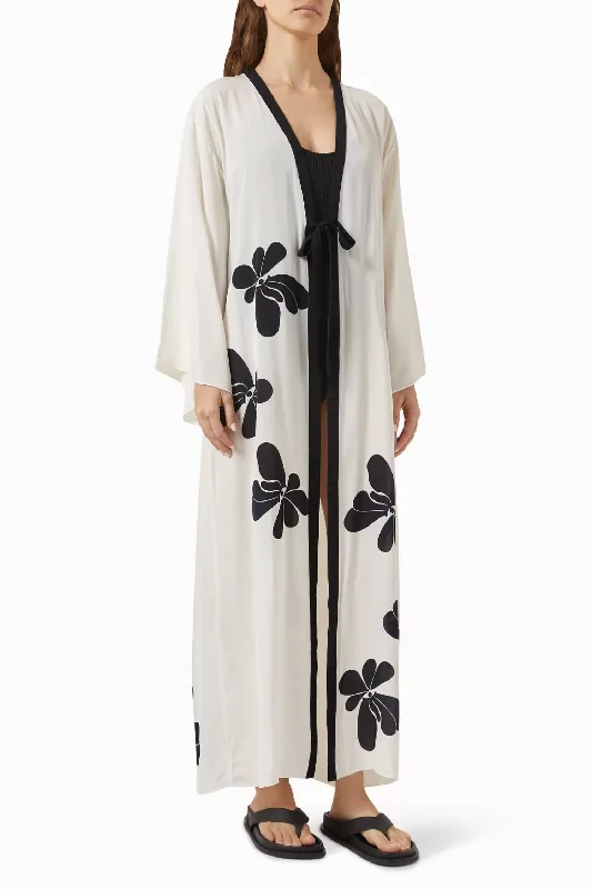 Floral Long Robe In Off White/black