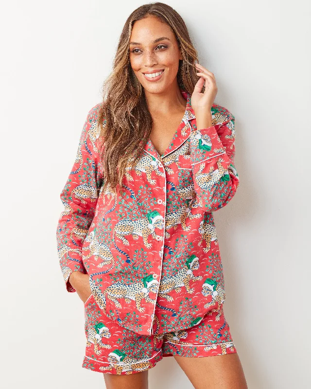 Holly Jolly Bagheera - Lightweight Flannel Long Sleeve Top & Shorts Set - Ruby