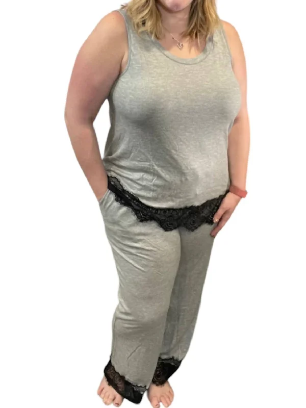 Lace Hem Lounge Set In Heathered Gray