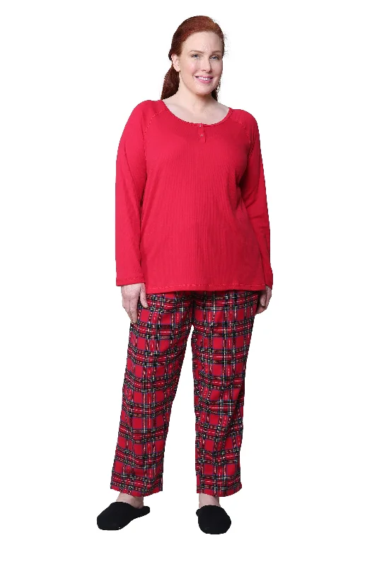 Cotton Knit Top With Flannel Pajama Set - Plus Size