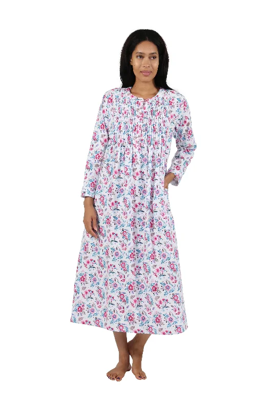 Print Flannel Nightgown With Release Pleats