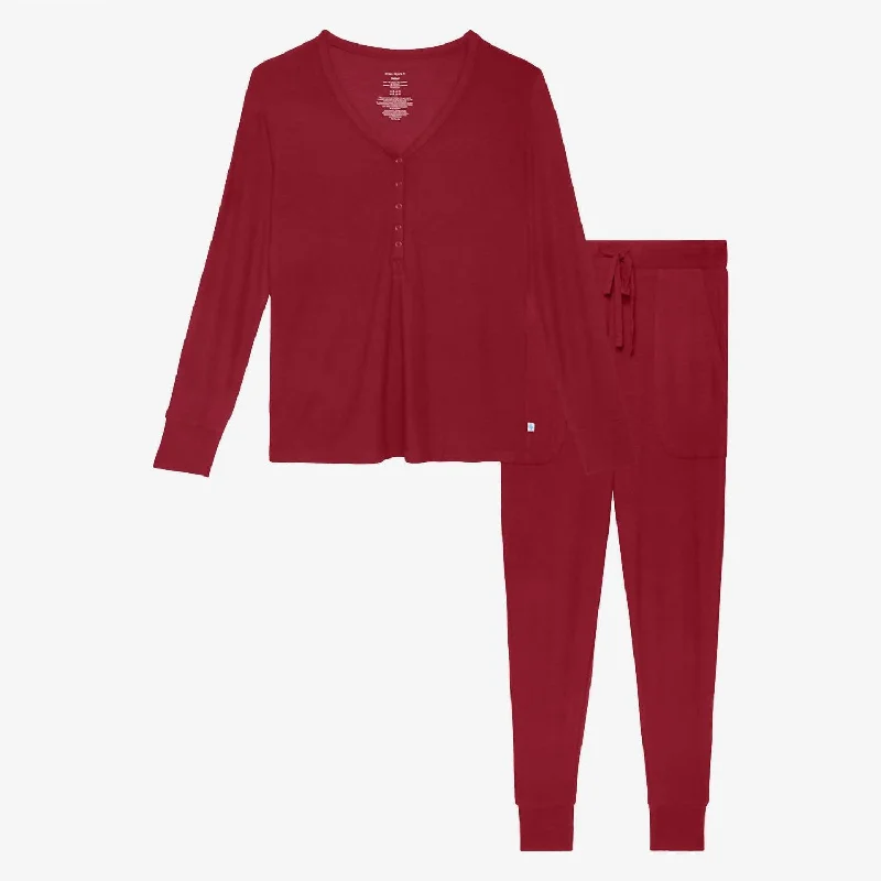 Women's Long Sleeve Pajama Set In Bordeaux Waffle