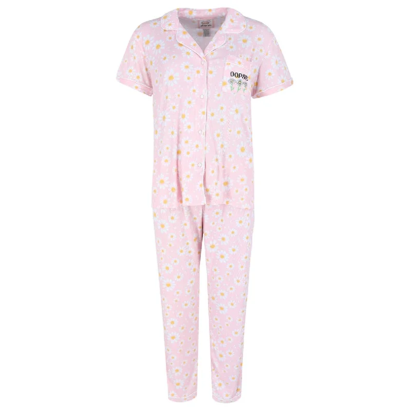 Women's Plus Size Daisy Ribbed Notch Short Sleeve Pajama Set