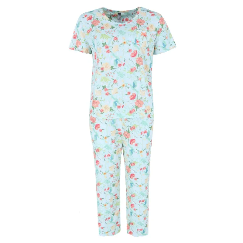 Women's Tropical Floral Ribbed Short Sleeve Capri Set